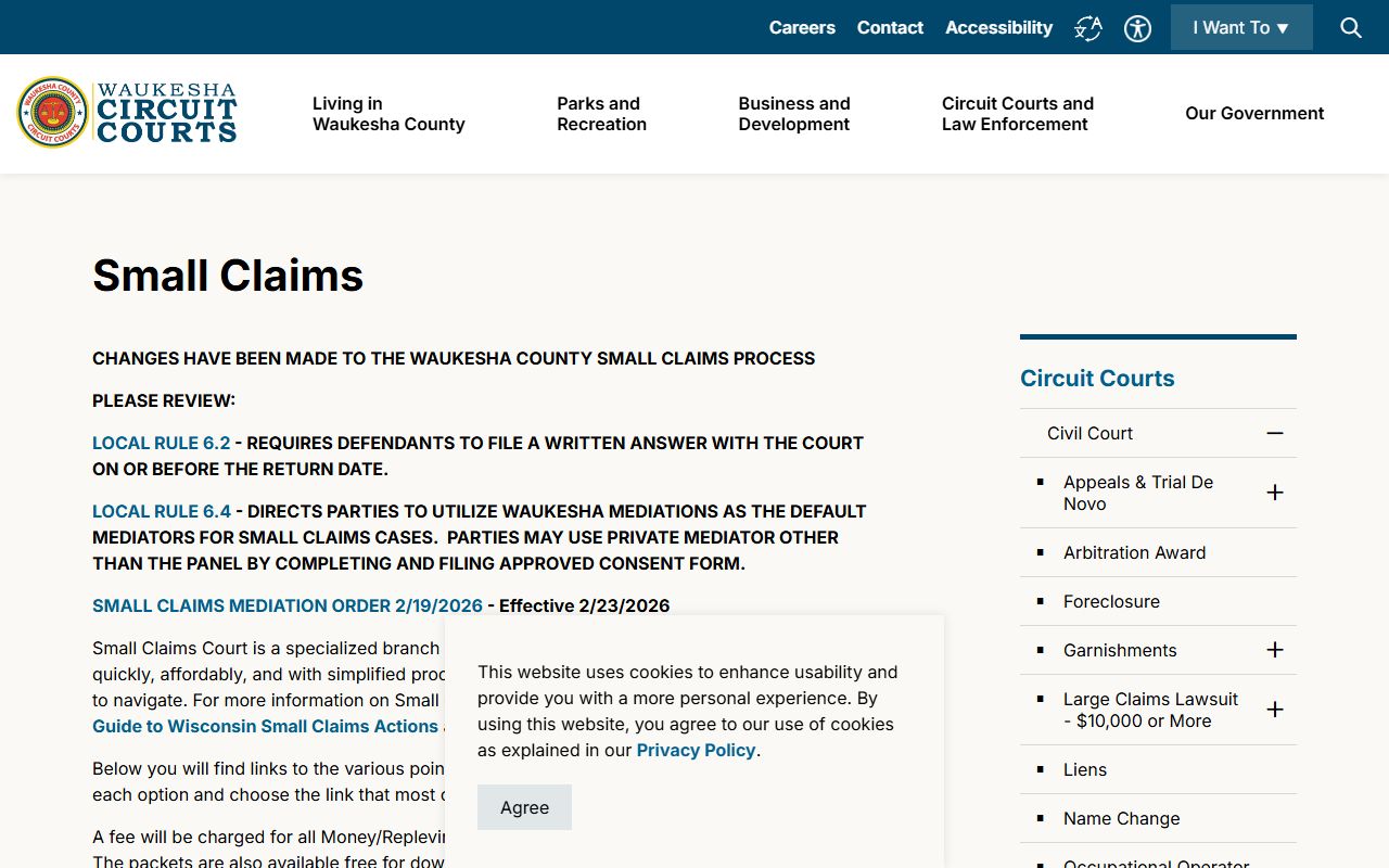 Waukesha County small claims court records page