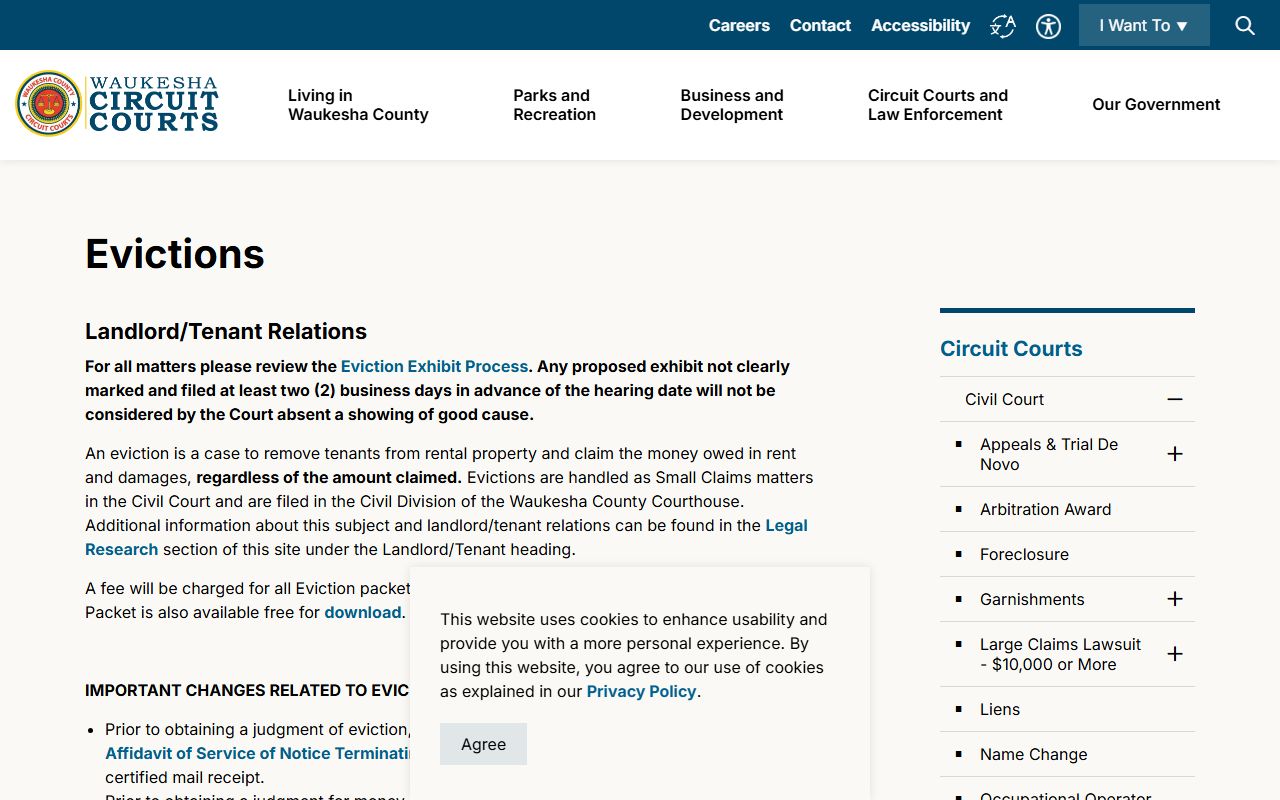 Waukesha County eviction court records and small claims filing page