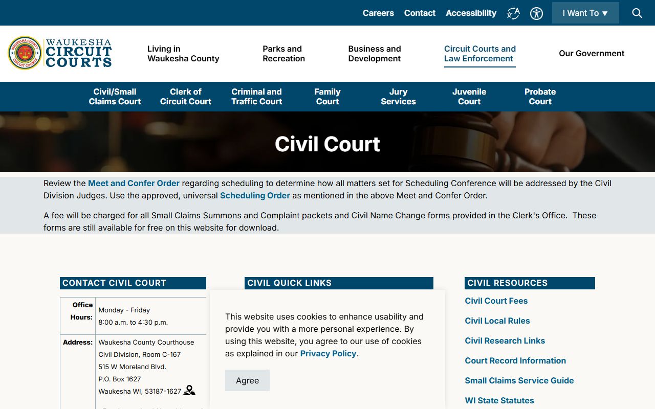 Waukesha County Civil Court page describing court records and case types