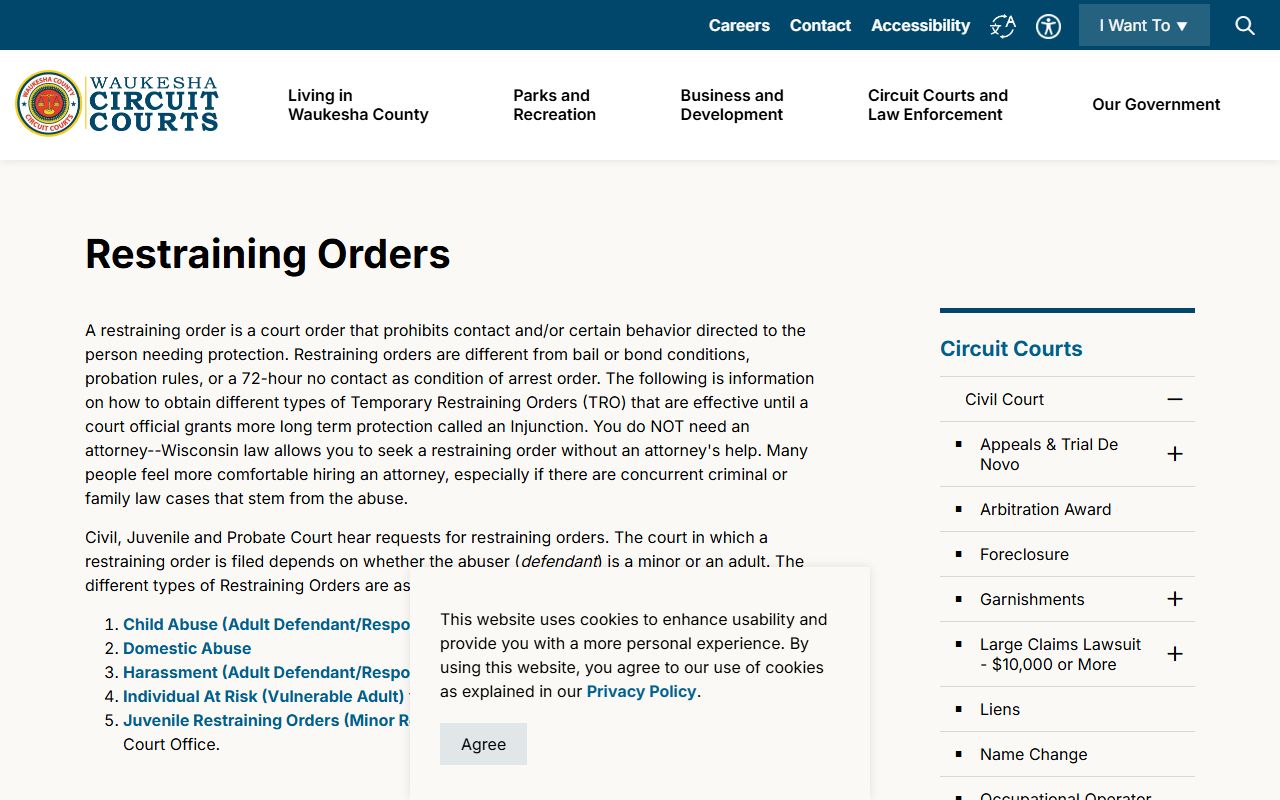 Waukesha County restraining orders court records page