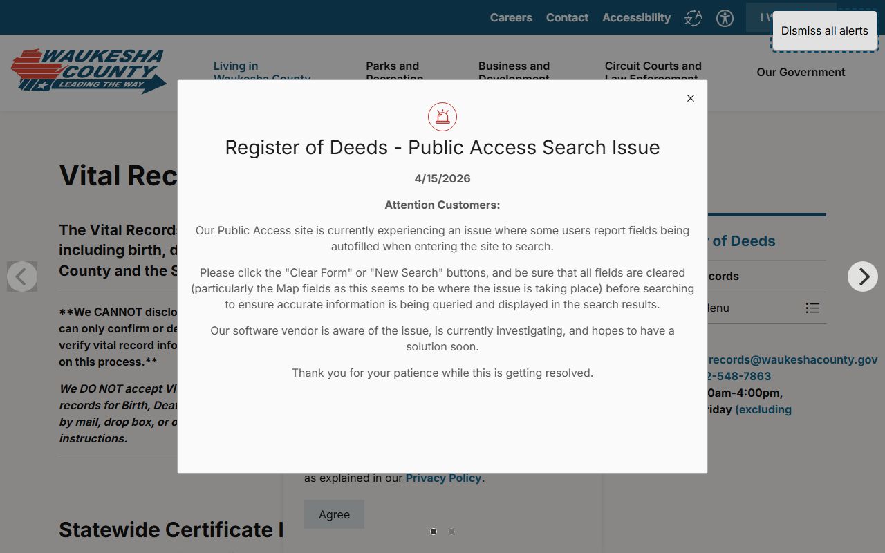 Waukesha County vital records page for birth, death, and marriage certificates