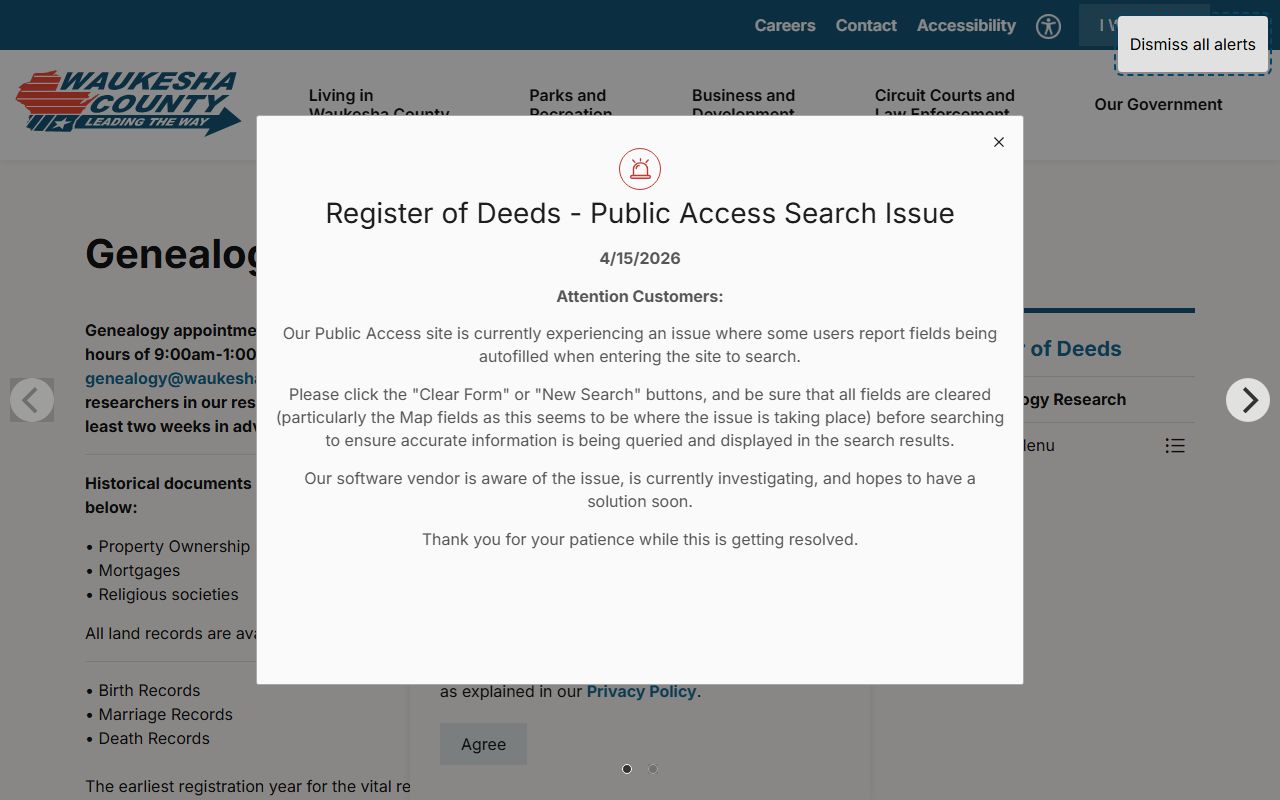 Waukesha County Register of Deeds genealogy research page for historical vital records