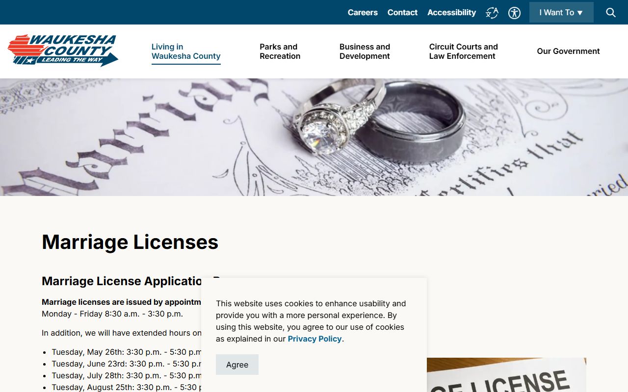 Waukesha County marriage license page for marriage records