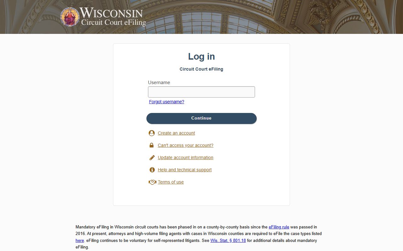 Wisconsin circuit court eFiling system tied to Waukesha County court dockets