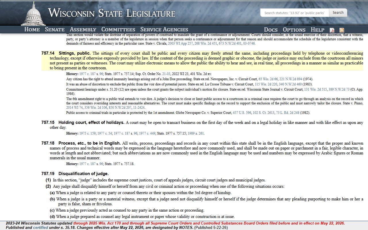 Wisconsin open court statute 757.14 for Waukesha County traffic court records