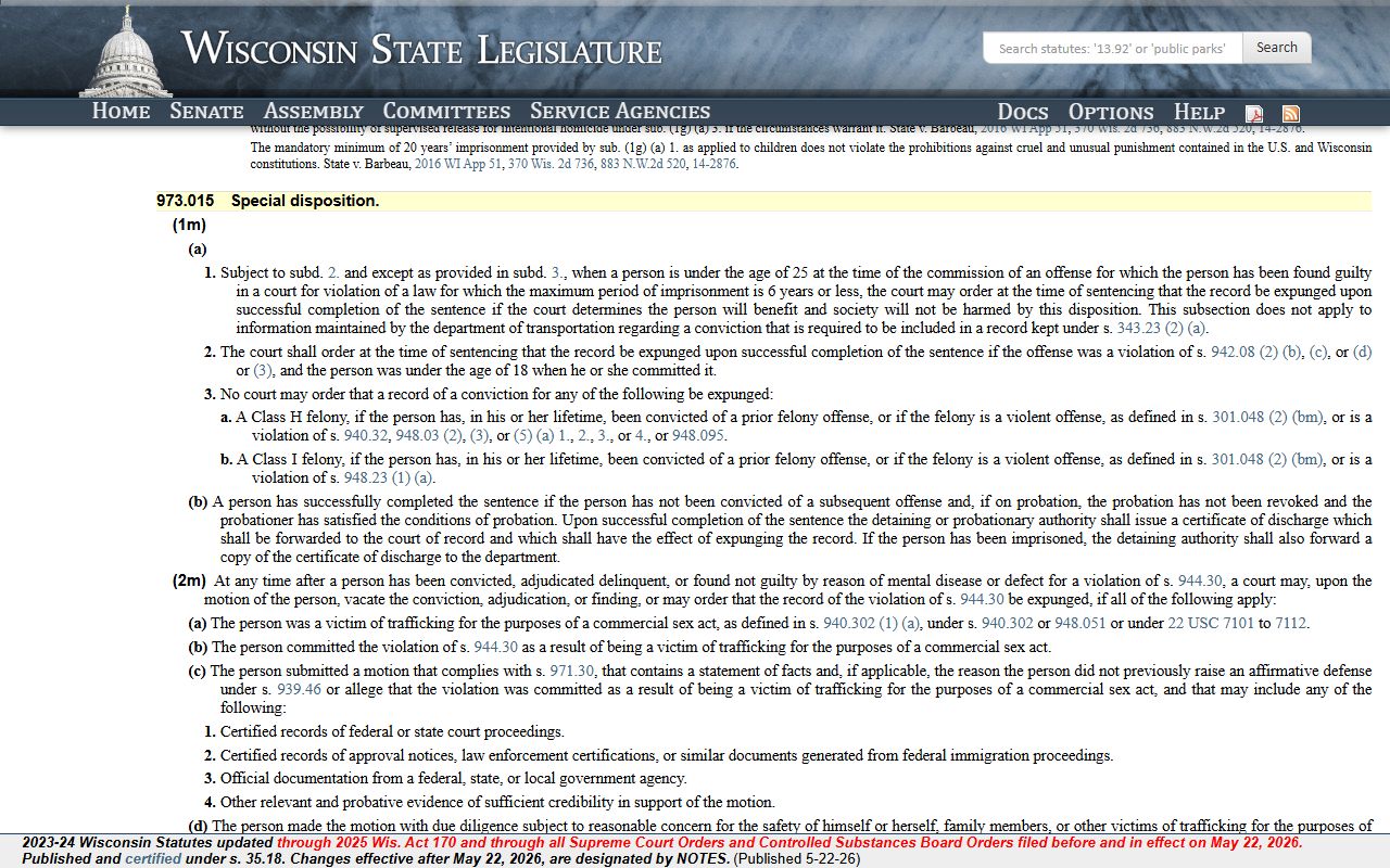 Wisconsin expungement statute 973.015 page for Waukesha County criminal records
