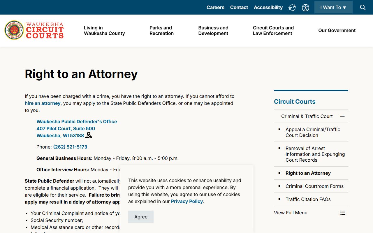 Waukesha County right to an attorney page for criminal records defendants