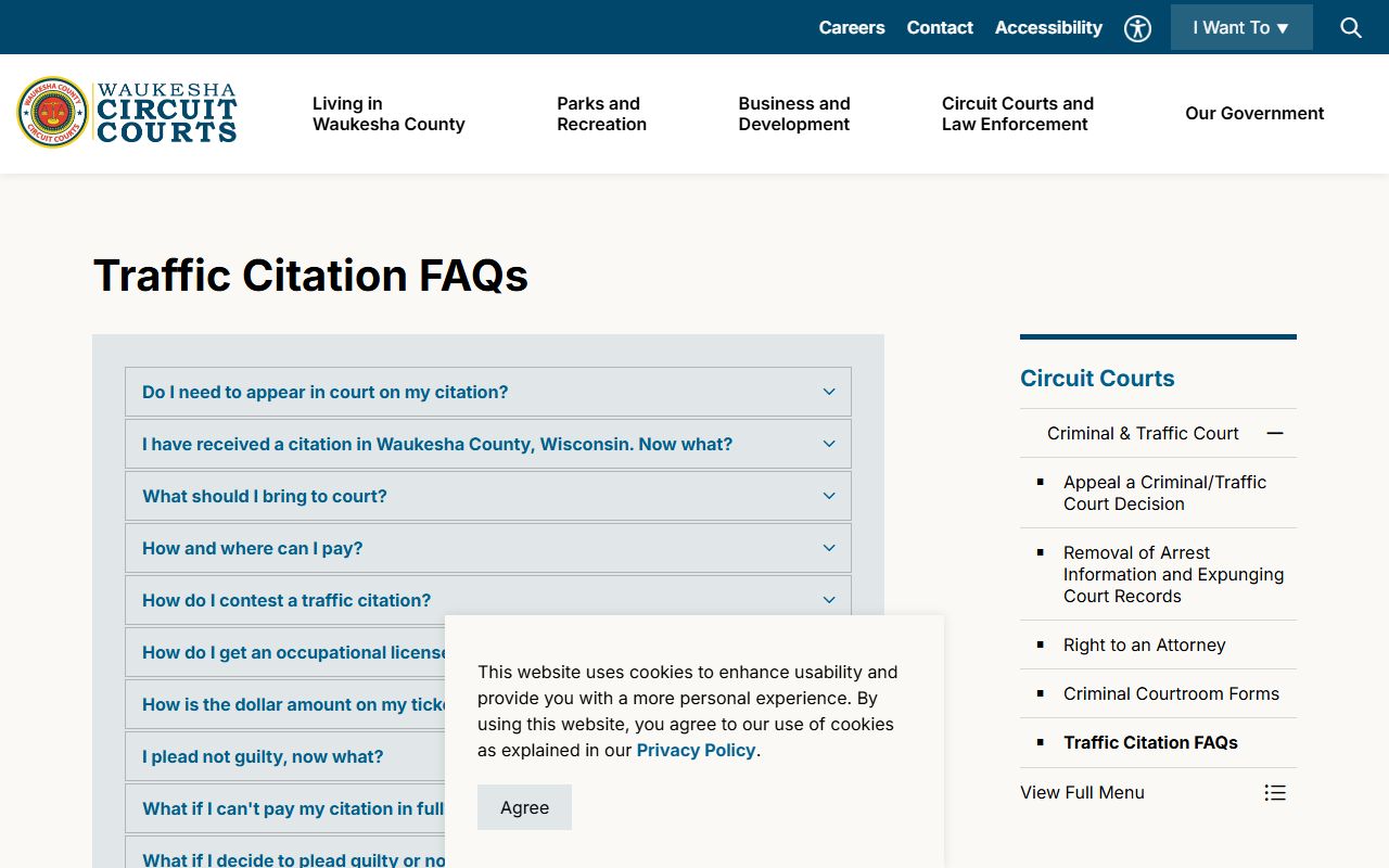 Waukesha County traffic citation FAQ page for traffic court records