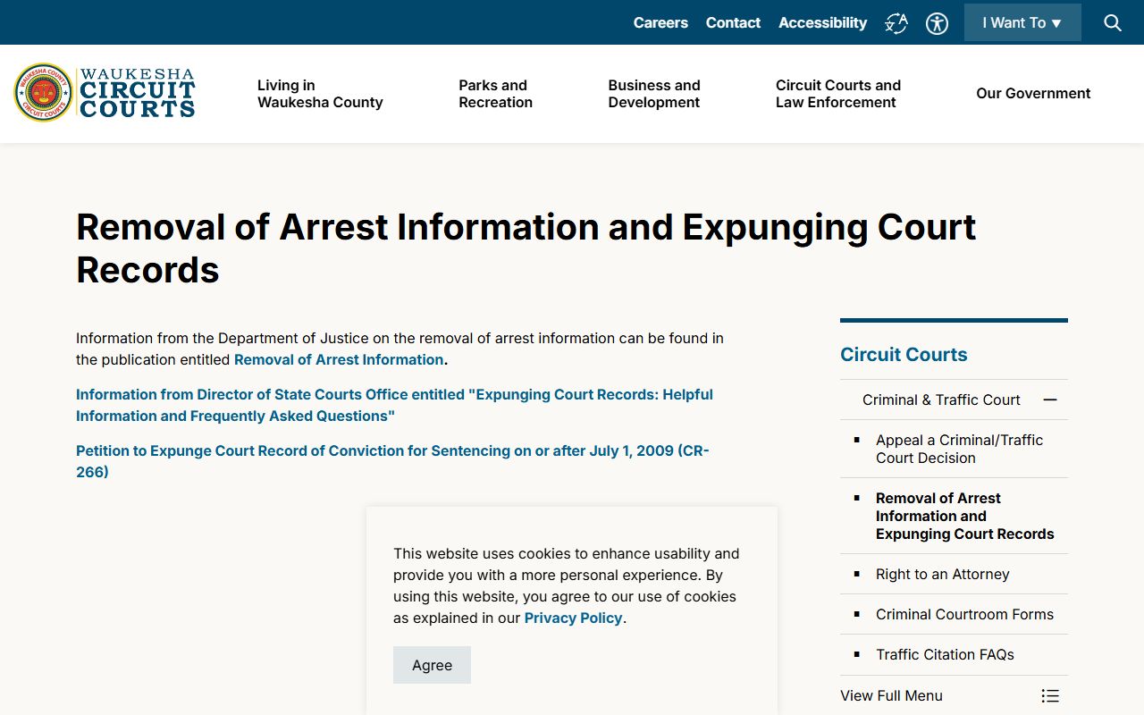 Waukesha County expungement and arrest information removal page for criminal records
