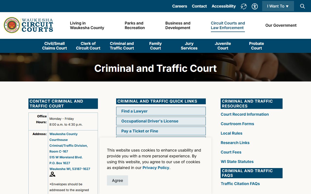 Waukesha County Criminal and Traffic Court page for arrest and criminal records