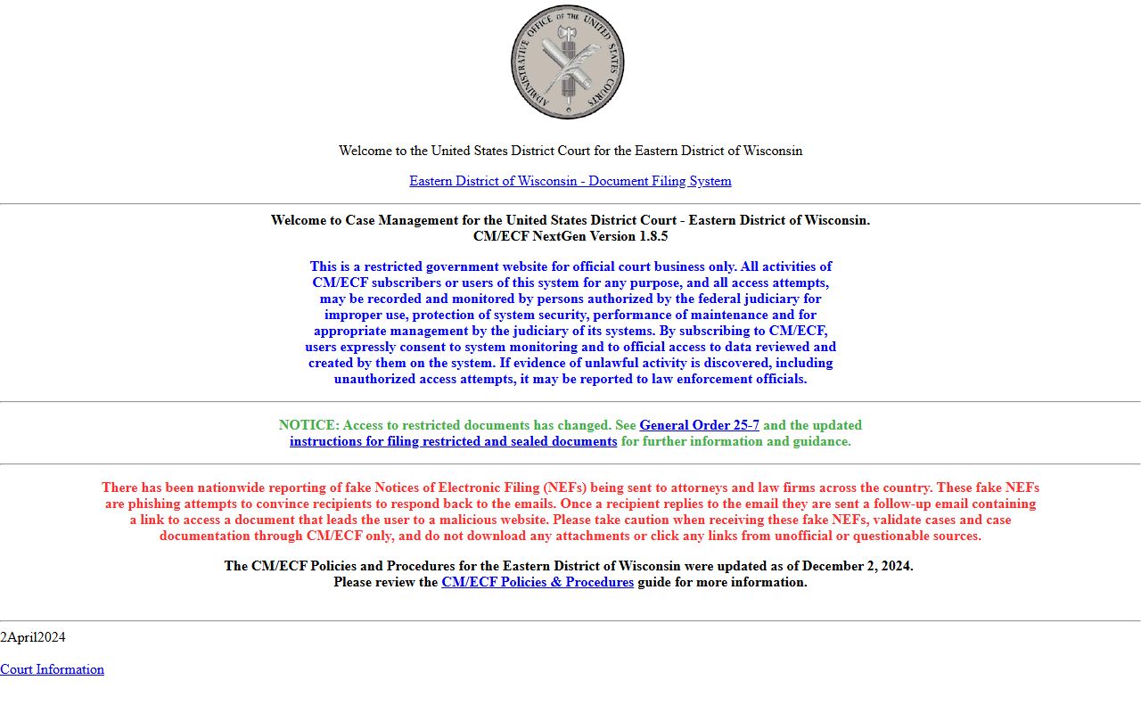 Eastern District of Wisconsin CM/ECF federal court records system