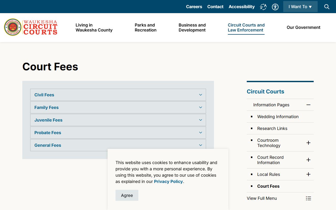 Waukesha County Circuit Court fees page for court records copies and searches