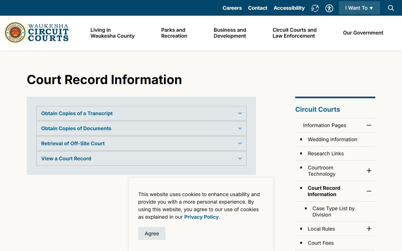Waukesha County court record information page for viewing and copying court records