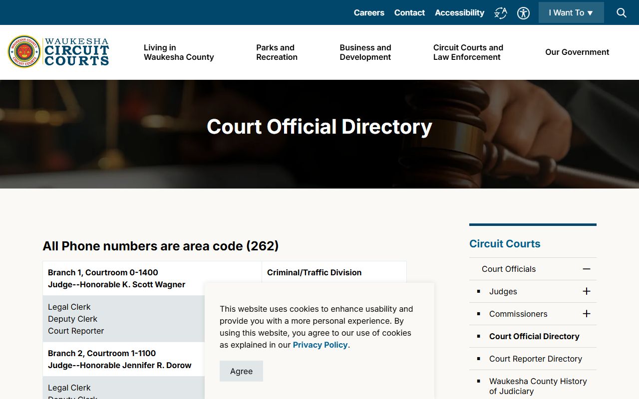 Waukesha County court official directory of judges, branches, and divisions