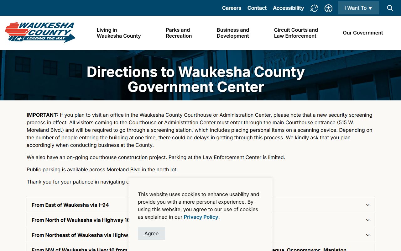 Waukesha County courthouse directions and security screening notice for court records visitors