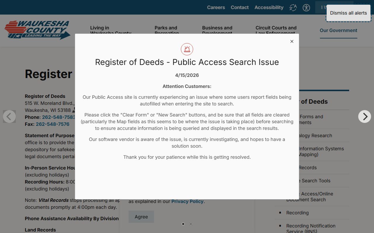 Waukesha County Register of Deeds page for land and vital records