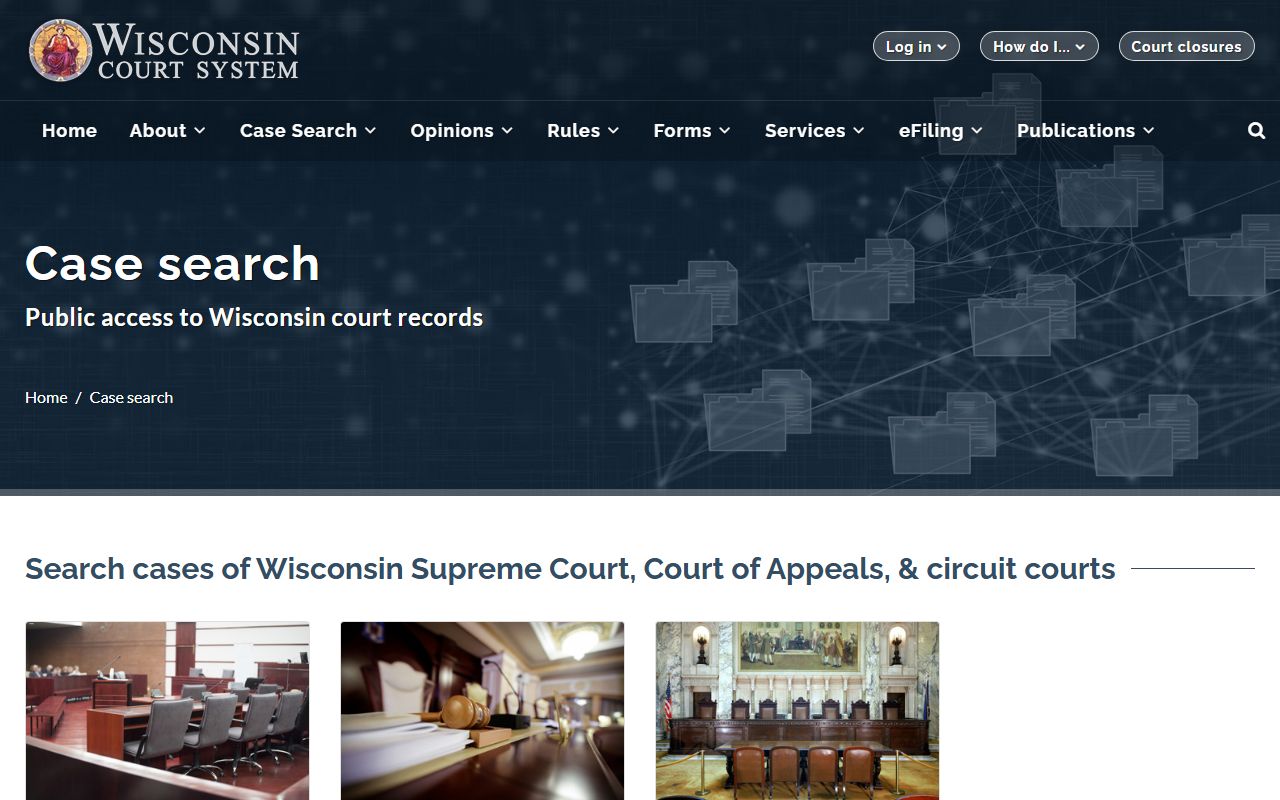 Wisconsin case search landing page for Waukesha County court records