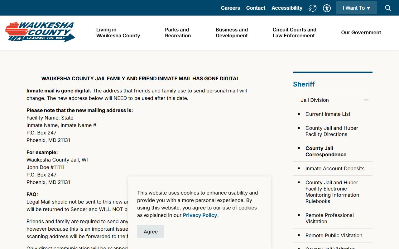 Waukesha County Jail correspondence and mail rules for inmate records