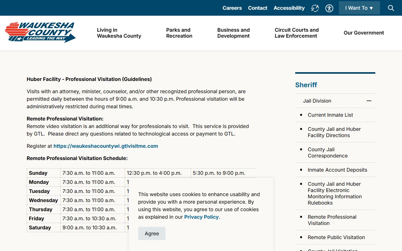 Waukesha County Huber Facility visitation page for inmate records