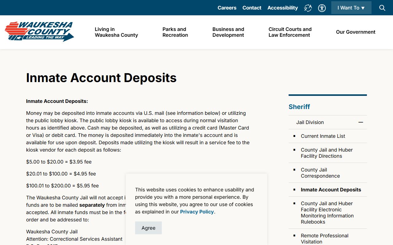 Waukesha County jail inmate account deposit page for inmate records