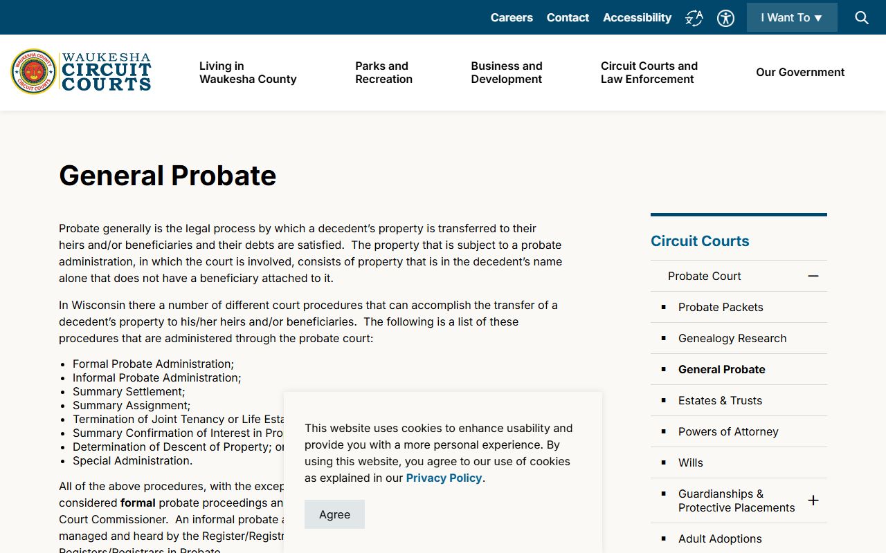 Waukesha County general probate page explaining probate records