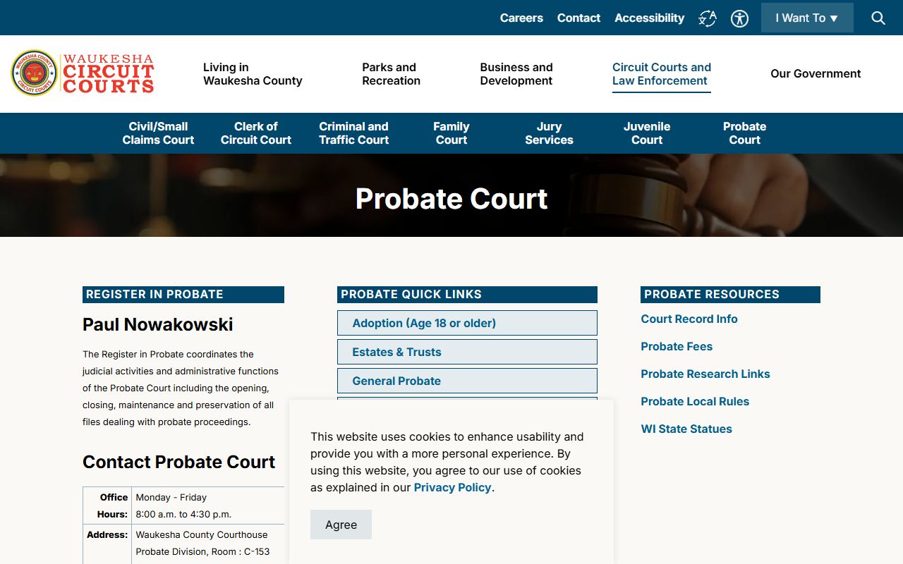 Waukesha County Probate Court page for probate records search