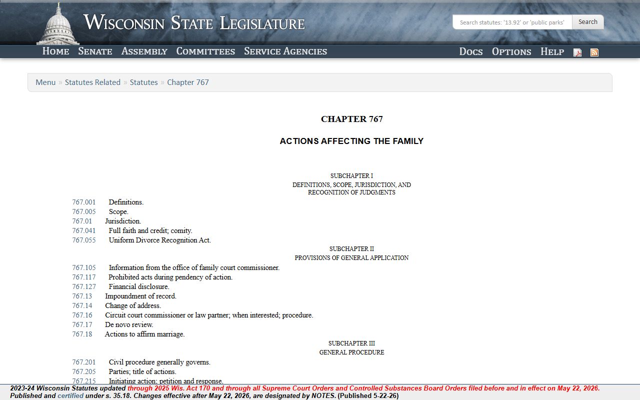 Wisconsin family code chapter 767 for Waukesha County divorce records