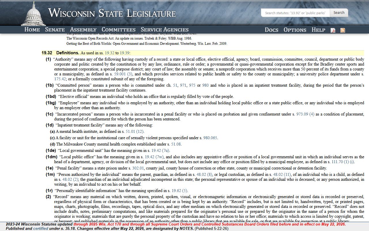 Wisconsin public records definitions statute 19.32 for Waukesha County