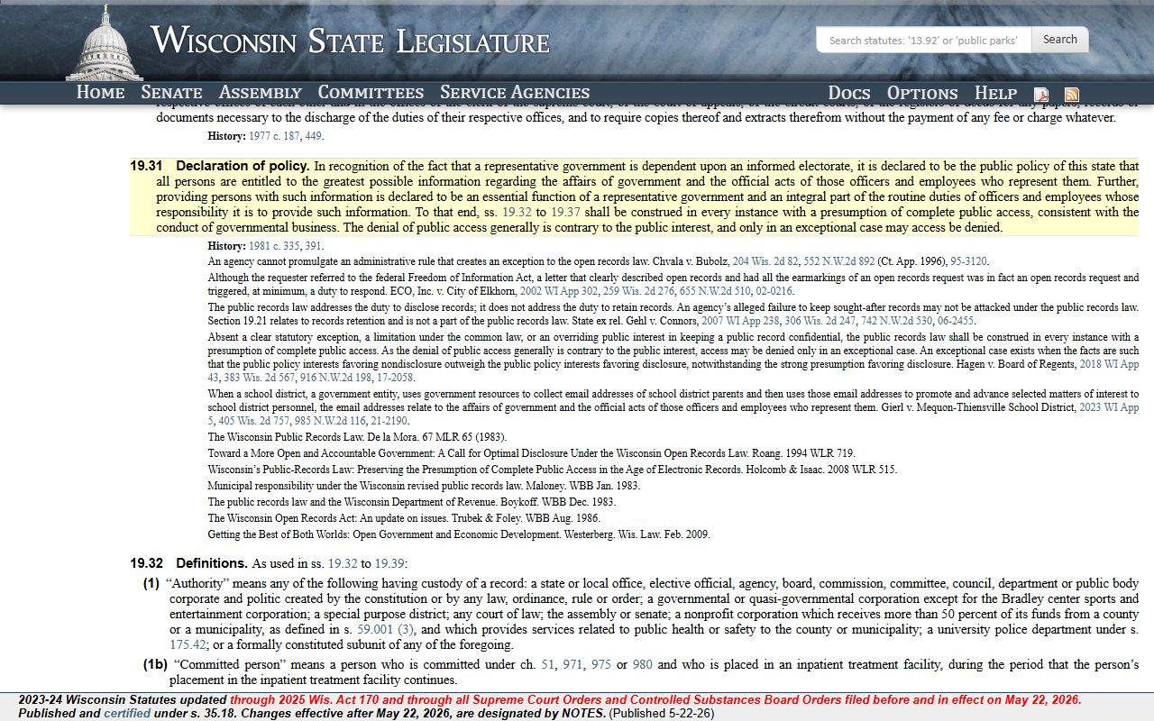 Wisconsin public records declaration of policy statute 19.31 for Waukesha County