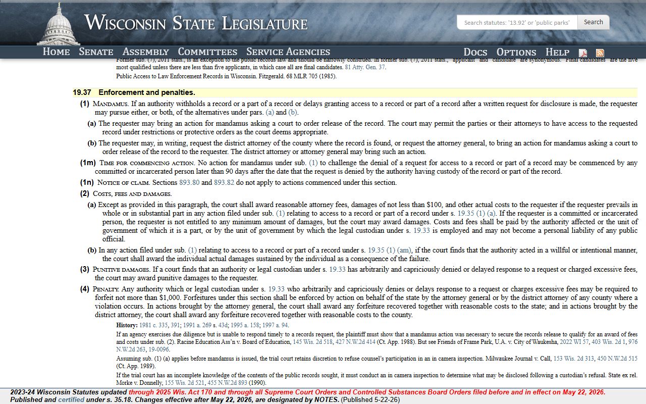 Wisconsin public records enforcement statute 19.37 for Waukesha County