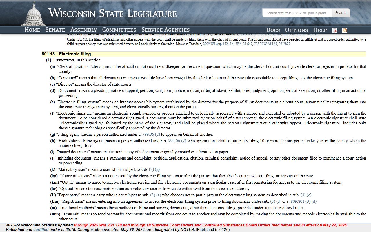 Wisconsin electronic filing statute 801.18 for Waukesha County public records
