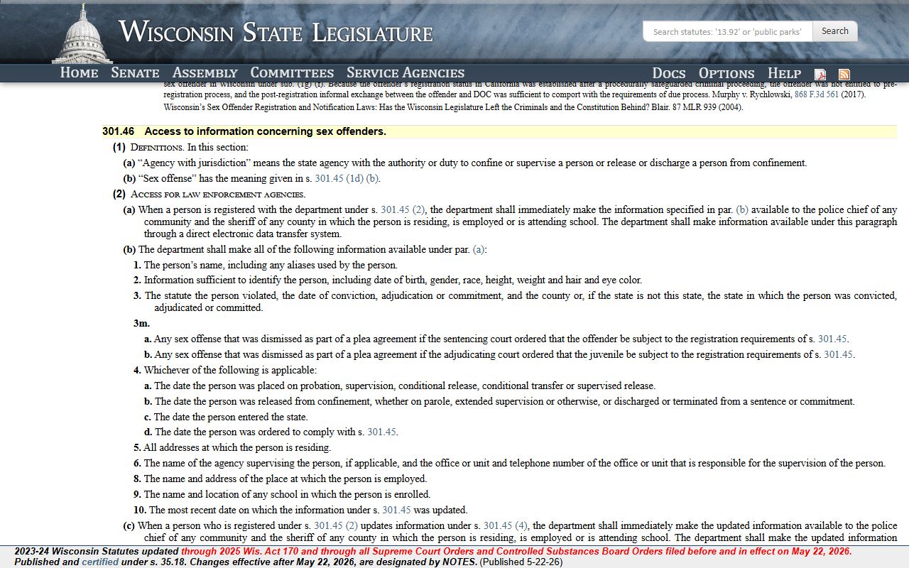 Wisconsin sex offender registry information statute 301.46 for released inmates