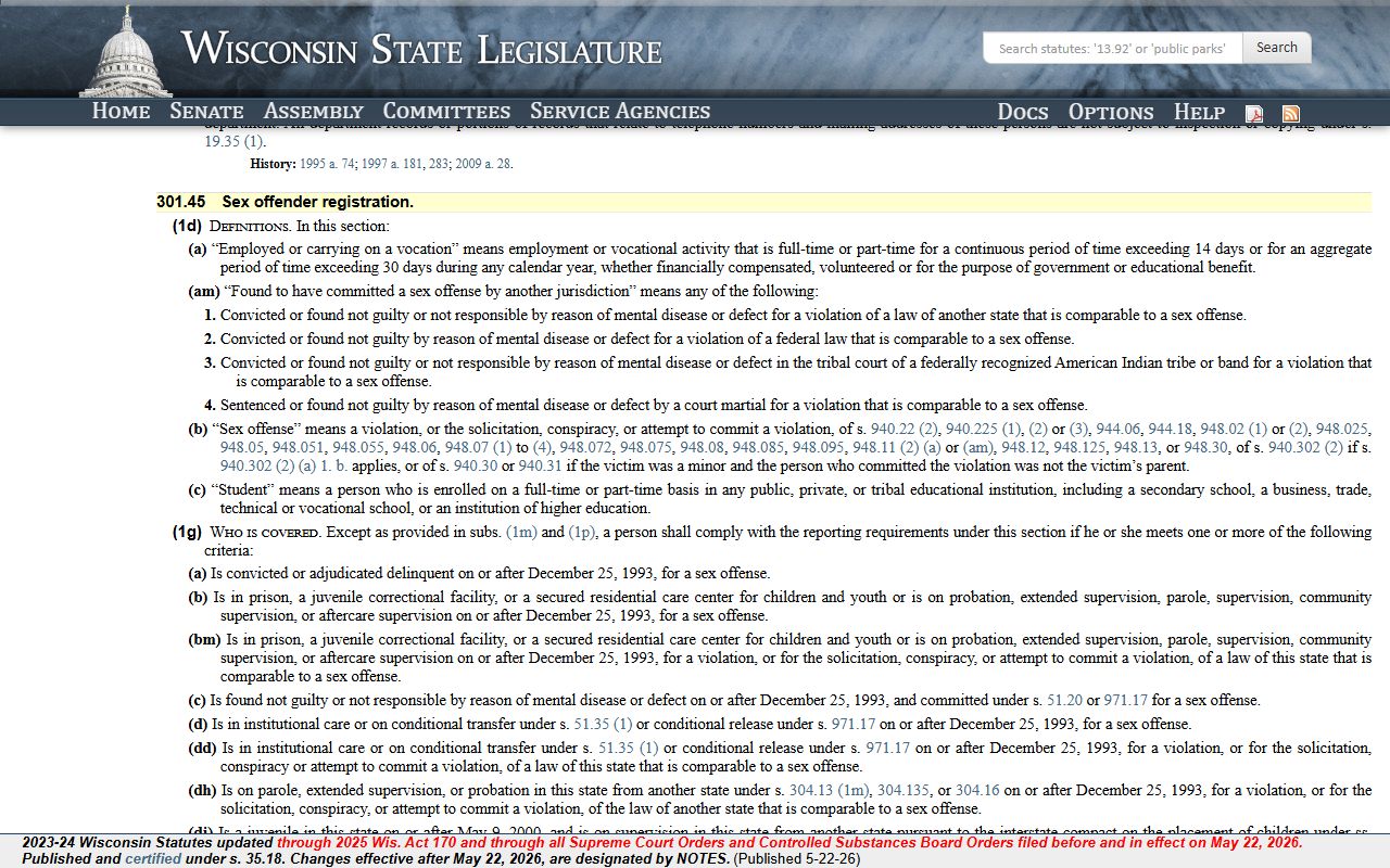 Wisconsin sex offender registration statute 301.45 for released inmates