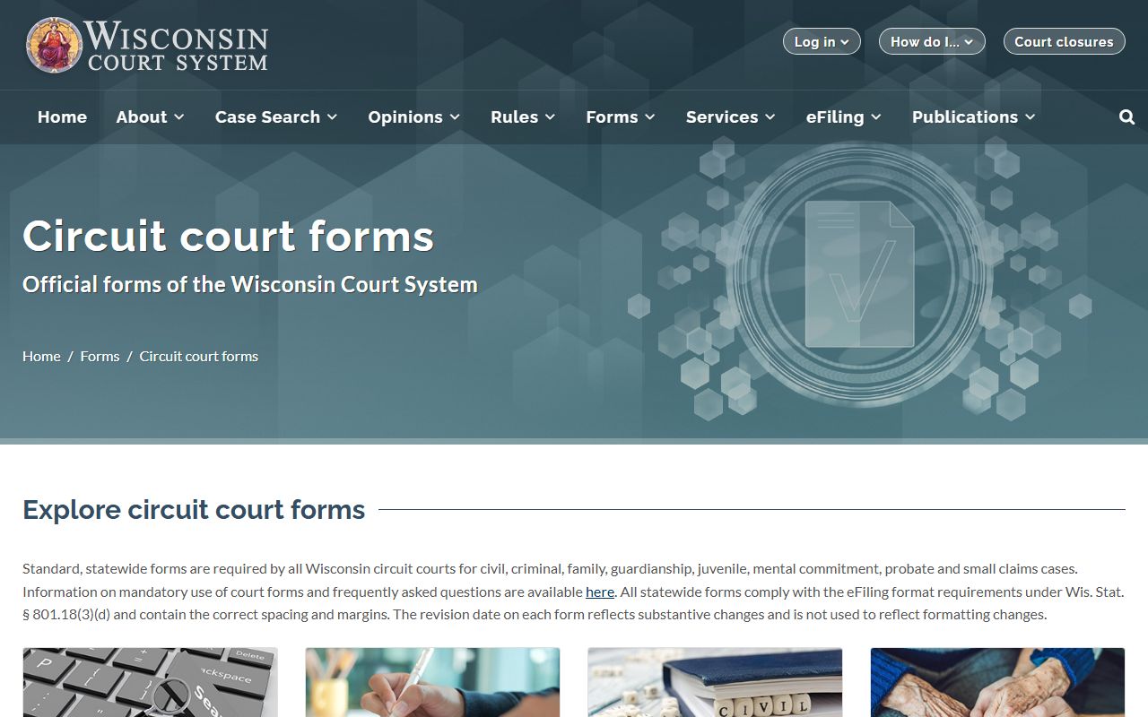 Wisconsin circuit court forms page for Waukesha County court records