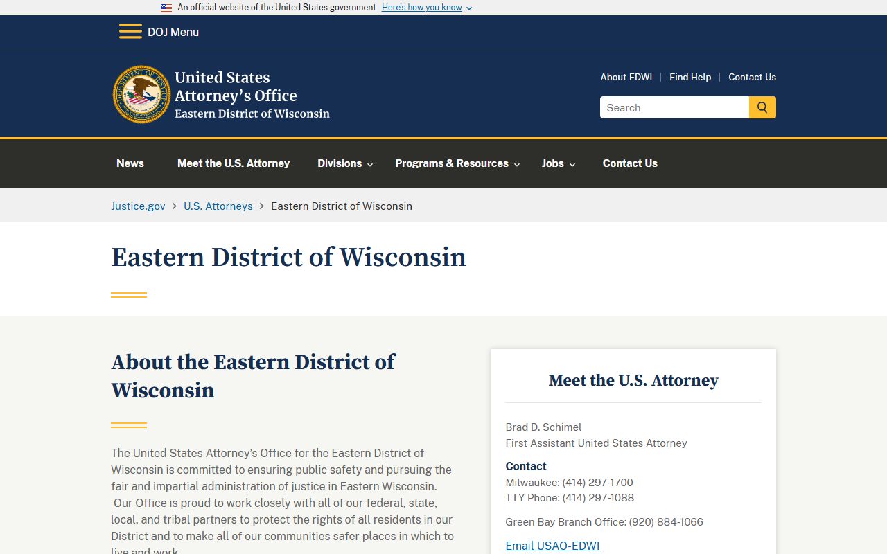 U.S. Attorney Eastern District of Wisconsin serving Waukesha County federal cases