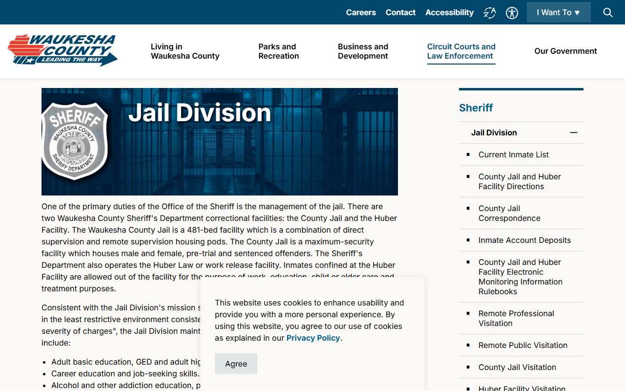 Waukesha County Jail Division page with inmate records and roster links