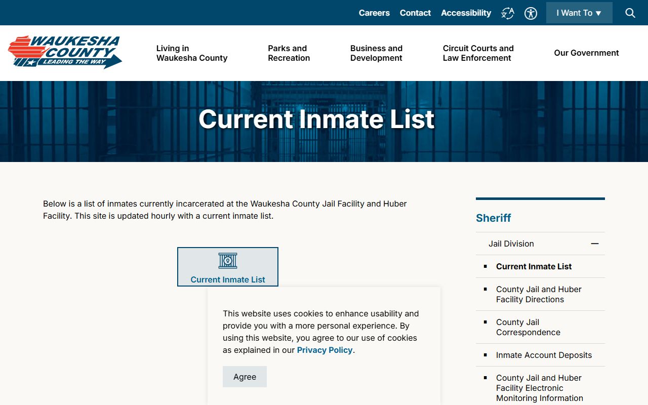 Waukesha County current inmate list page for the jail roster search