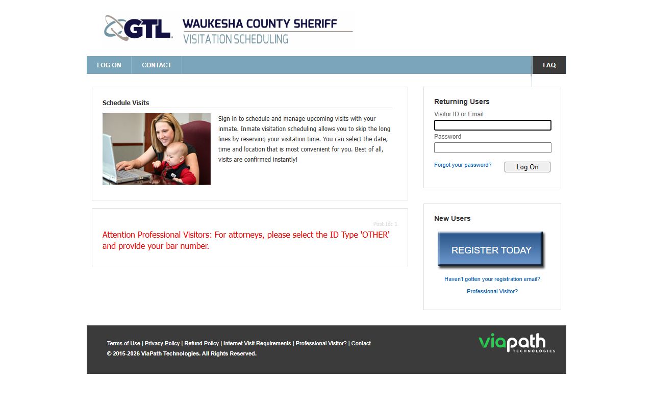 GTL visitation registration portal for Waukesha County inmate visits