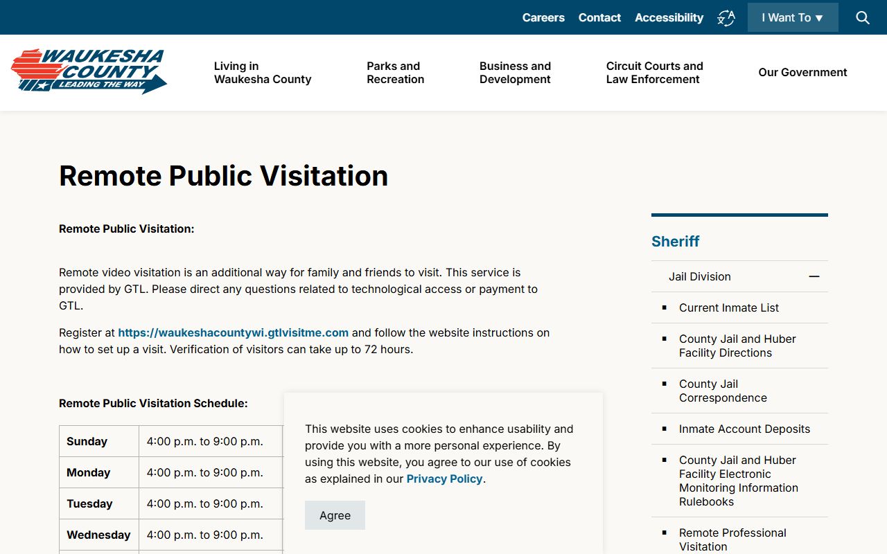 Waukesha County remote public visitation page for jail inmate records